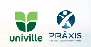 logos das marcas da univille e Práxis em fundo azul sutil