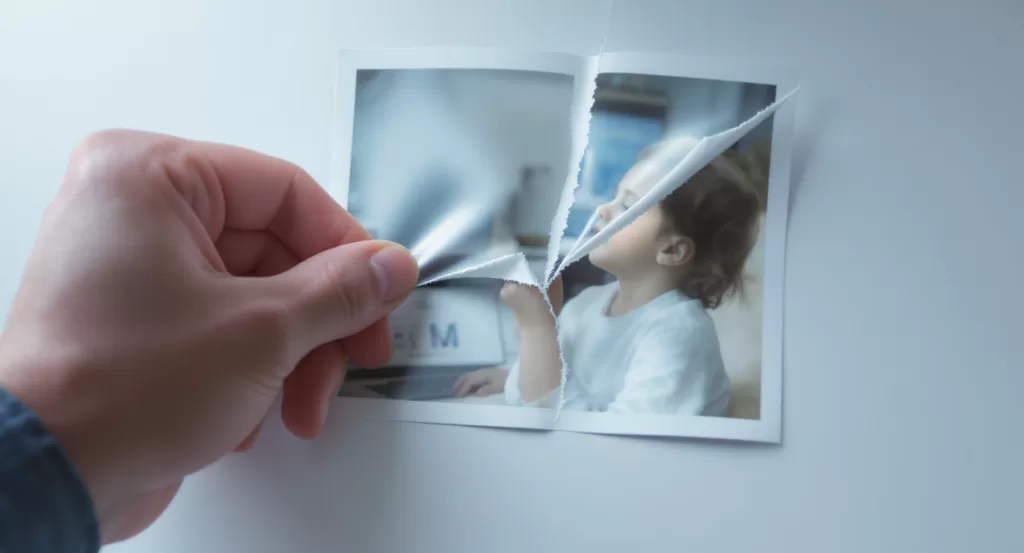 Homem rasgando fotografia representando adultização infantil