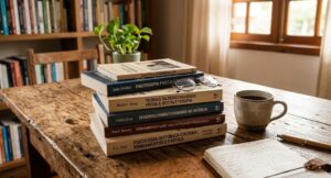 livros sobre uma mesa rústica ao lado de xícara para simbolizar o dilema entre psicologia e religião