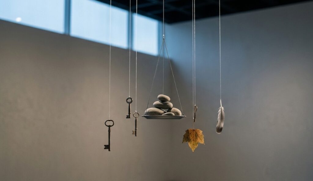 chaves penduradas em fios representando o silencio da dúvida