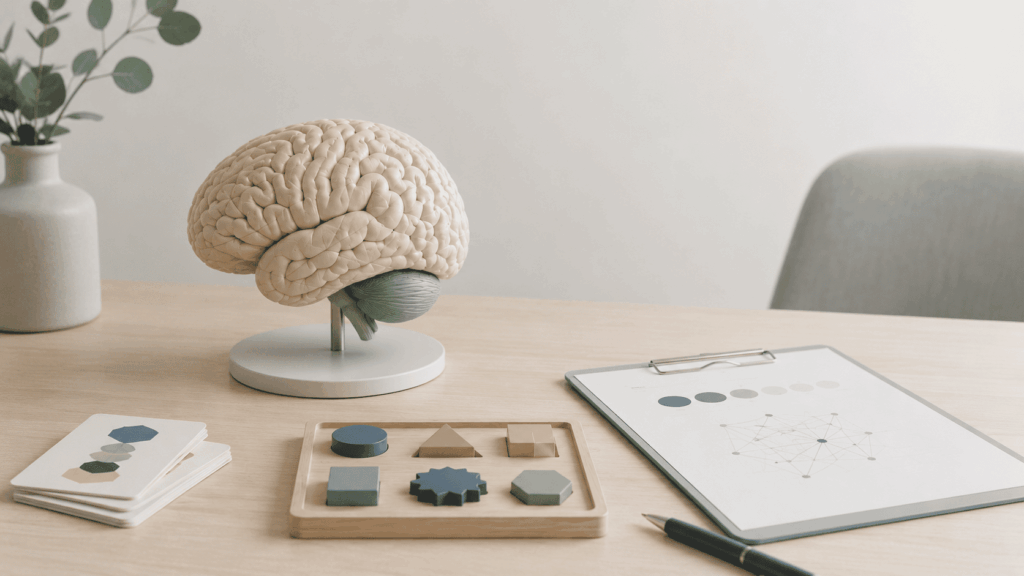 cérebro humano simbólico com figuras geométricas representando uma avaliação neuropsicológica